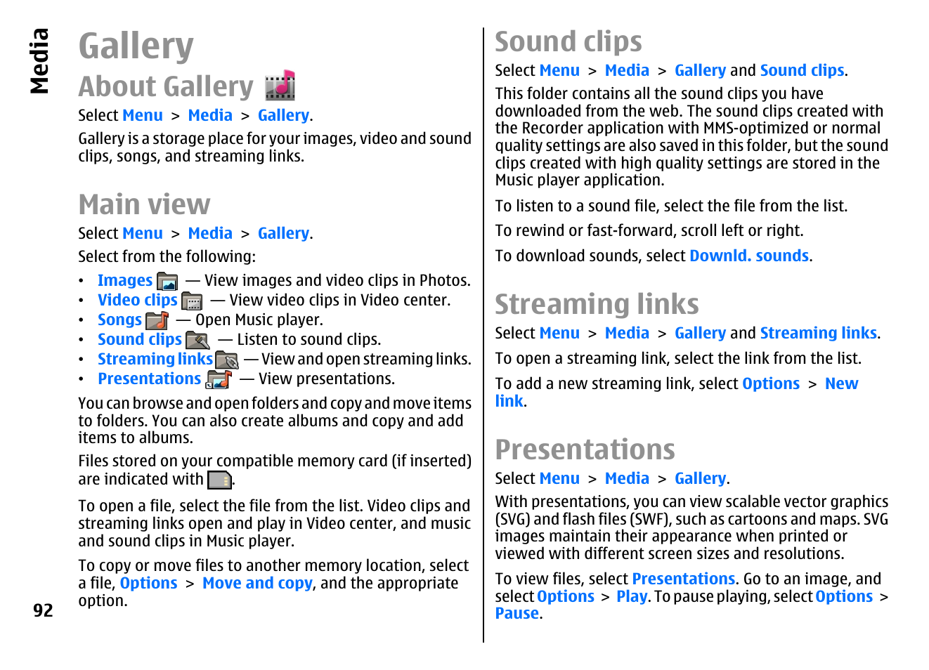 Gallery, About gallery, Main view | Sound clips, Streaming links, Presentations, Media | Nokia E72 User Manual | Page 92 / 150