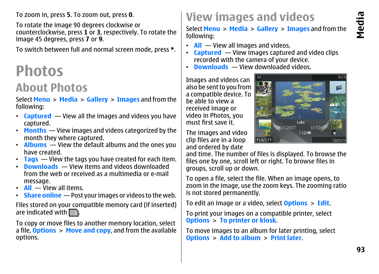 Photos, About photos, View images and videos | Media | Nokia E72 User Manual | Page 93 / 150