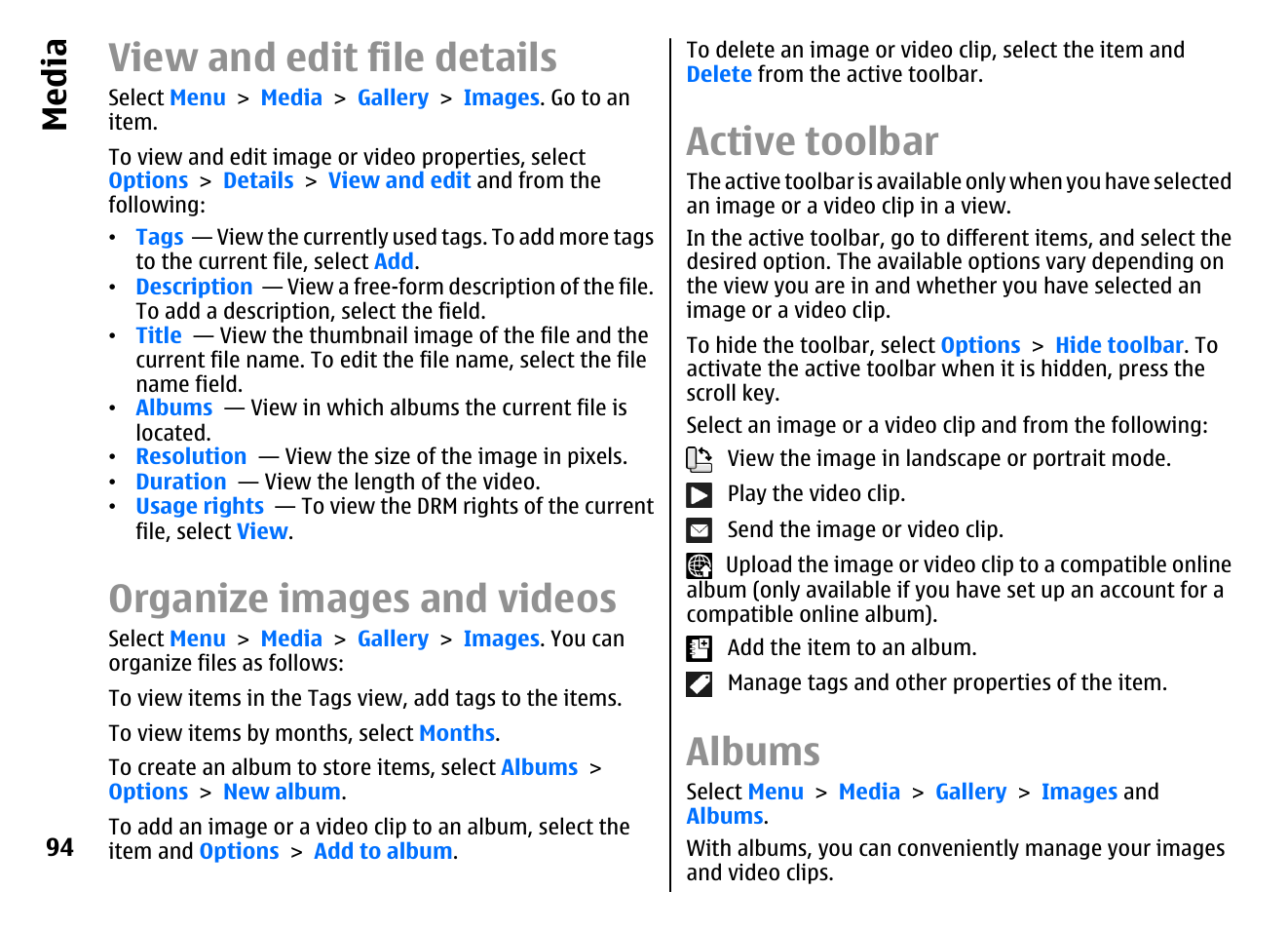 View and edit file details, Organize images and videos, Active toolbar | Albums, Media | Nokia E72 User Manual | Page 94 / 150