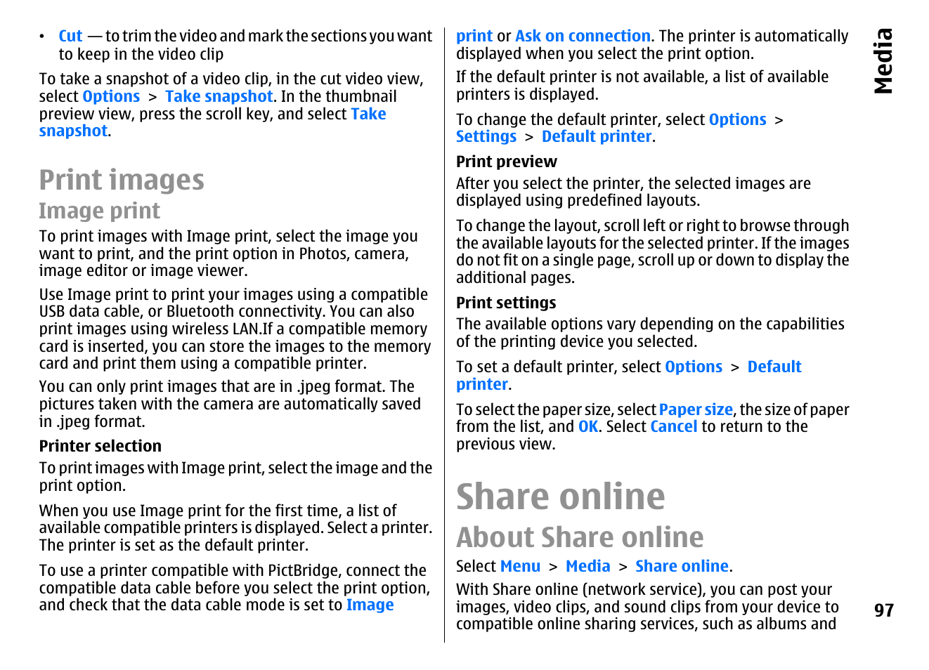 Print images, Image print, Printer selection | Print preview, Print settings, Share online, About share online, Media | Nokia E72 User Manual | Page 97 / 150