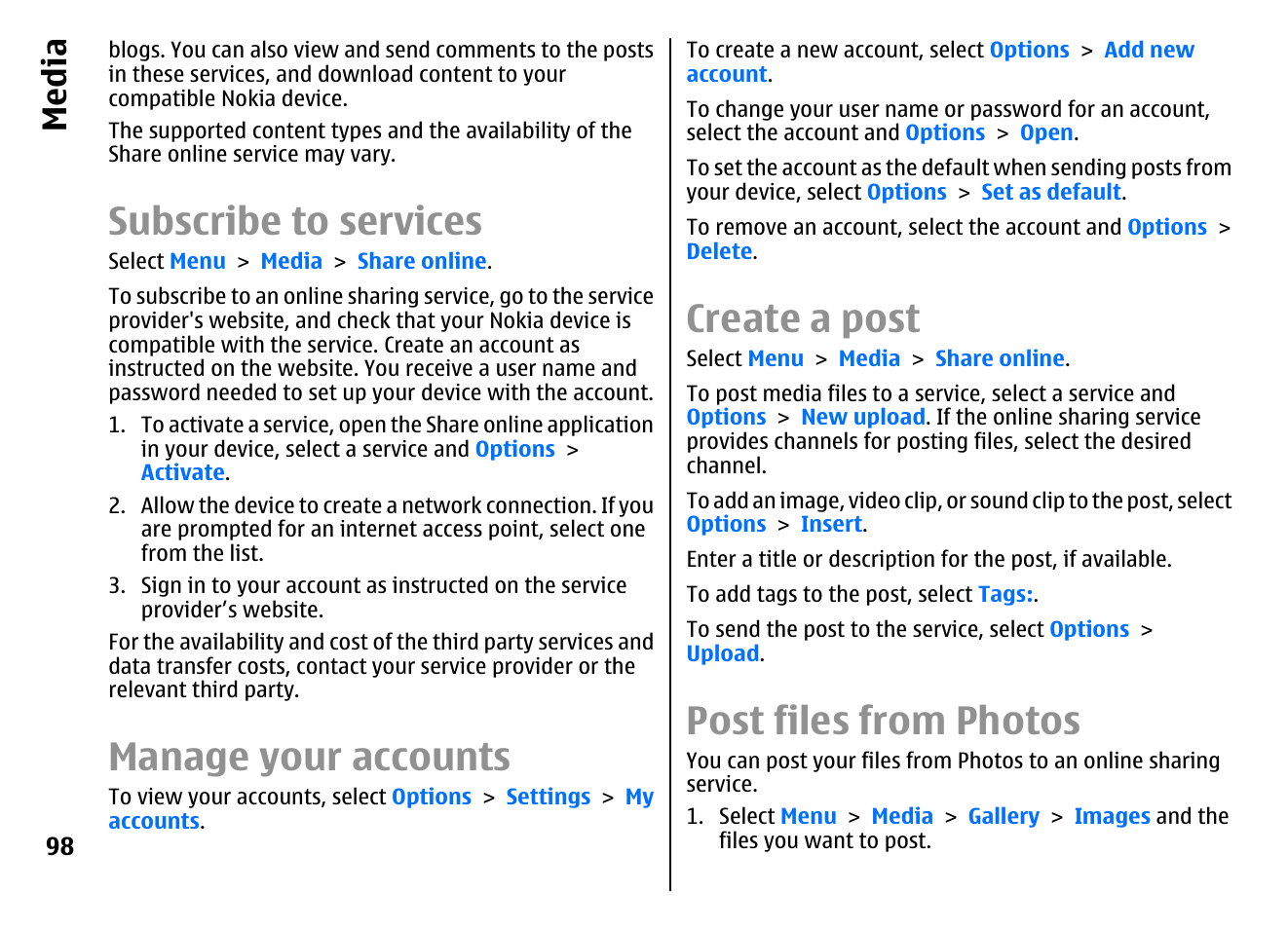 Subscribe to services, Manage your accounts, Create a post | Post files from photos, Media | Nokia E72 User Manual | Page 98 / 150