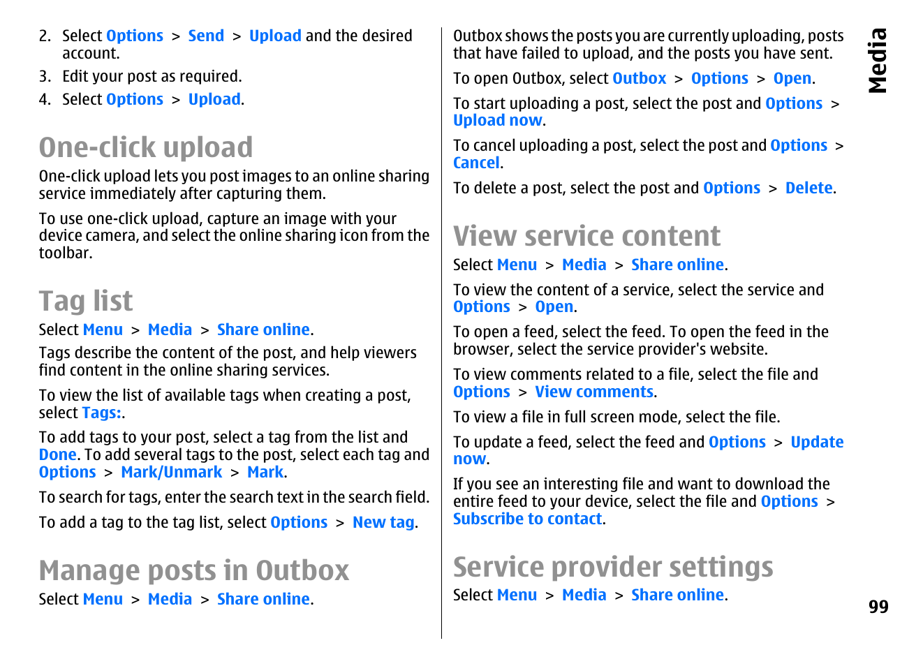 One-click upload, Tag list, Manage posts in outbox | View service content, Service provider settings, Media | Nokia E72 User Manual | Page 99 / 150