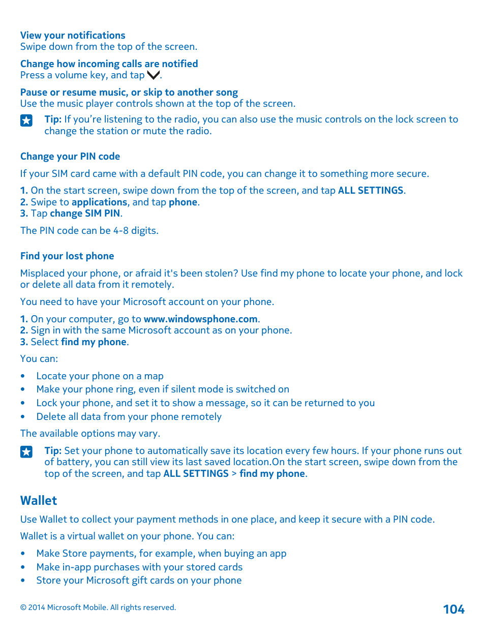 Change your pin code, Find your lost phone, Wallet | Nokia Lumia 635 User Manual | Page 104 / 113