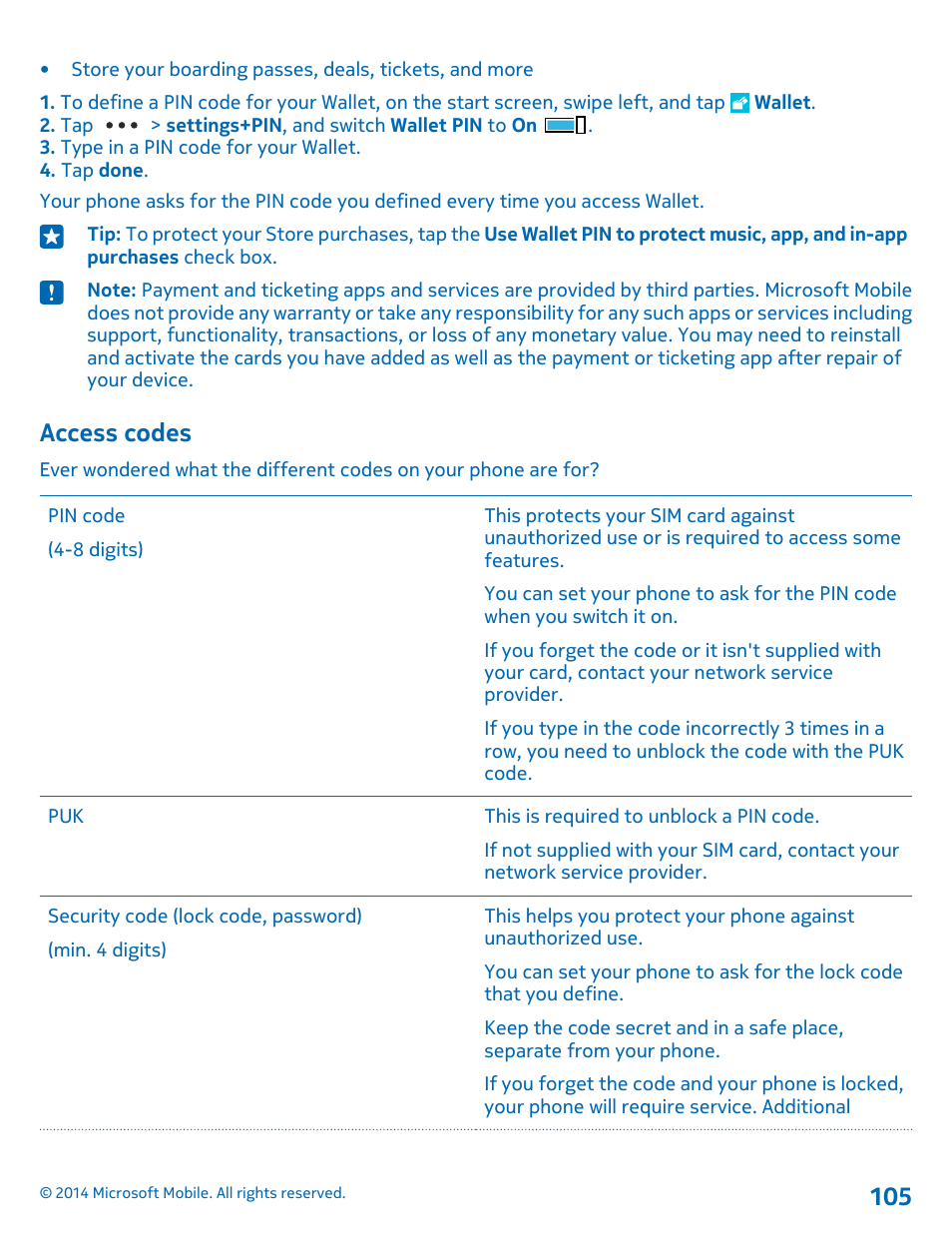 Access codes | Nokia Lumia 635 User Manual | Page 105 / 113