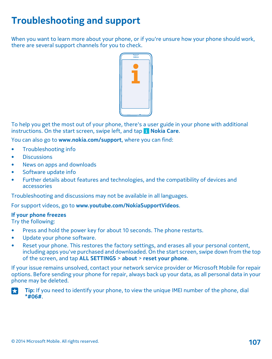 Troubleshooting and support | Nokia Lumia 635 User Manual | Page 107 / 113