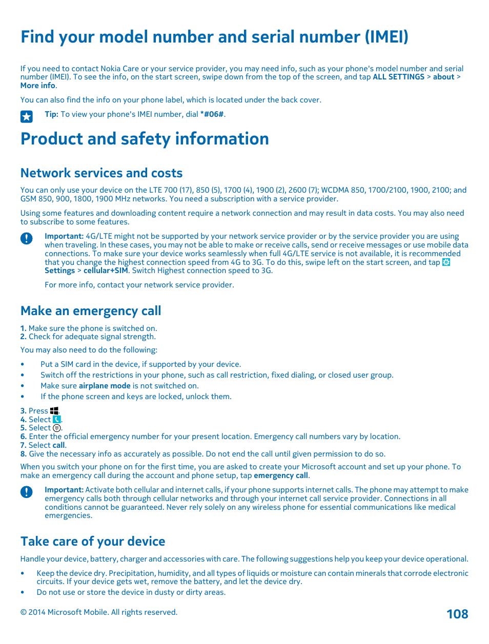 Find your model number and serial number (imei), Product and safety information, Network services and costs | Make an emergency call, Take care of your device, Find your model number and serial, Number (imei) | Nokia Lumia 635 User Manual | Page 108 / 113