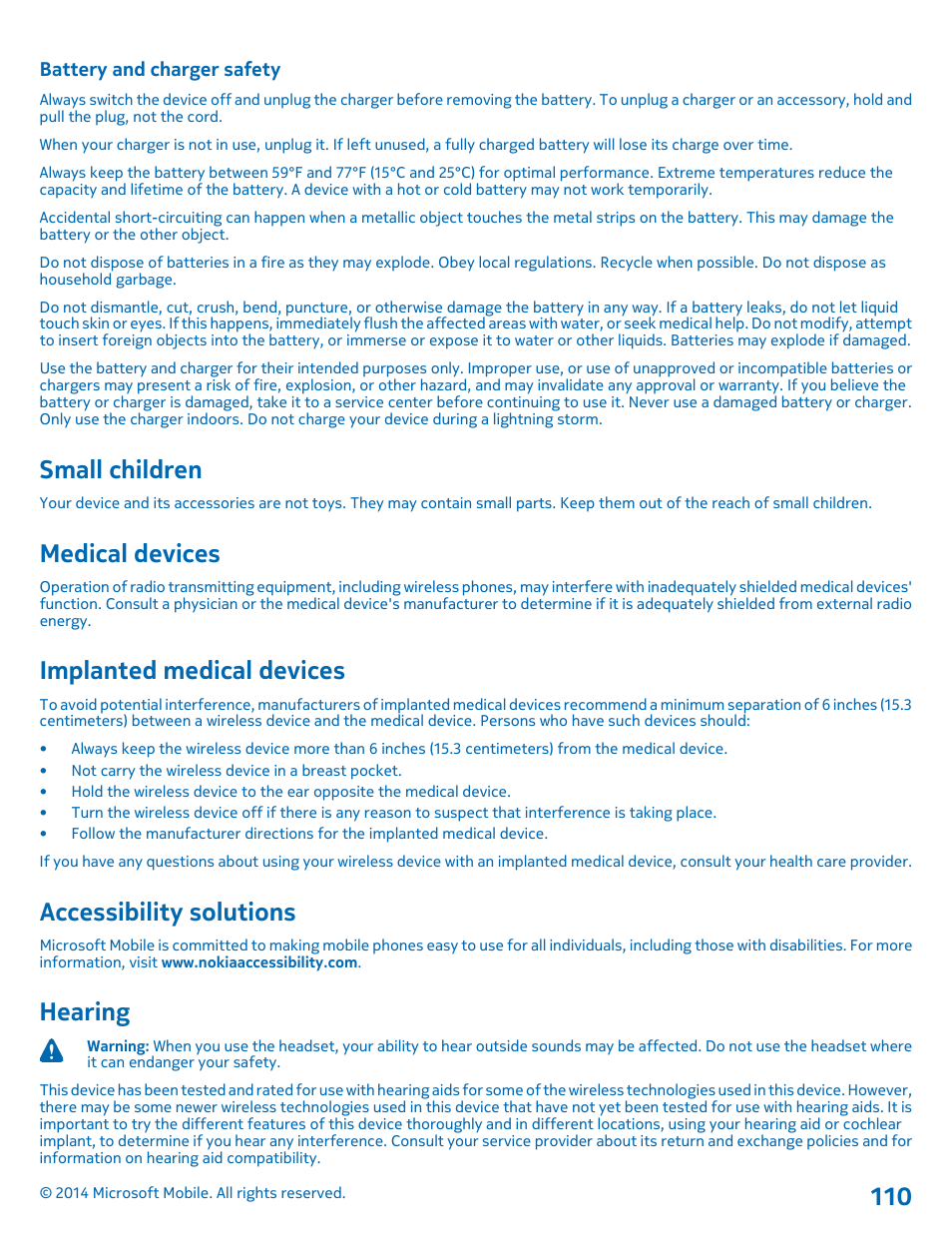 Battery and charger safety, Small children, Medical devices | Implanted medical devices, Accessibility solutions, Hearing | Nokia Lumia 635 User Manual | Page 110 / 113