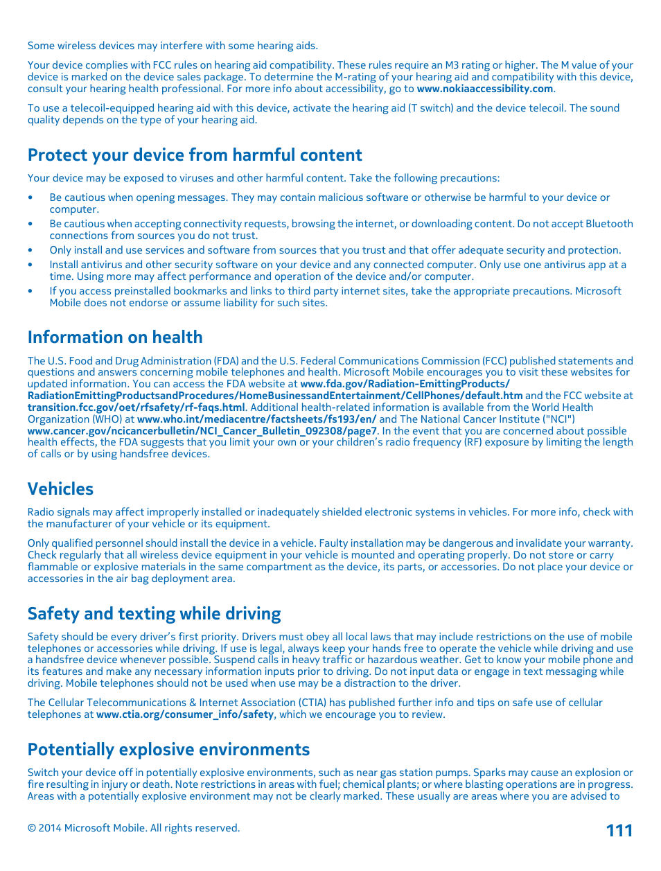 Protect your device from harmful content, Information on health, Vehicles | Safety and texting while driving, Potentially explosive environments | Nokia Lumia 635 User Manual | Page 111 / 113