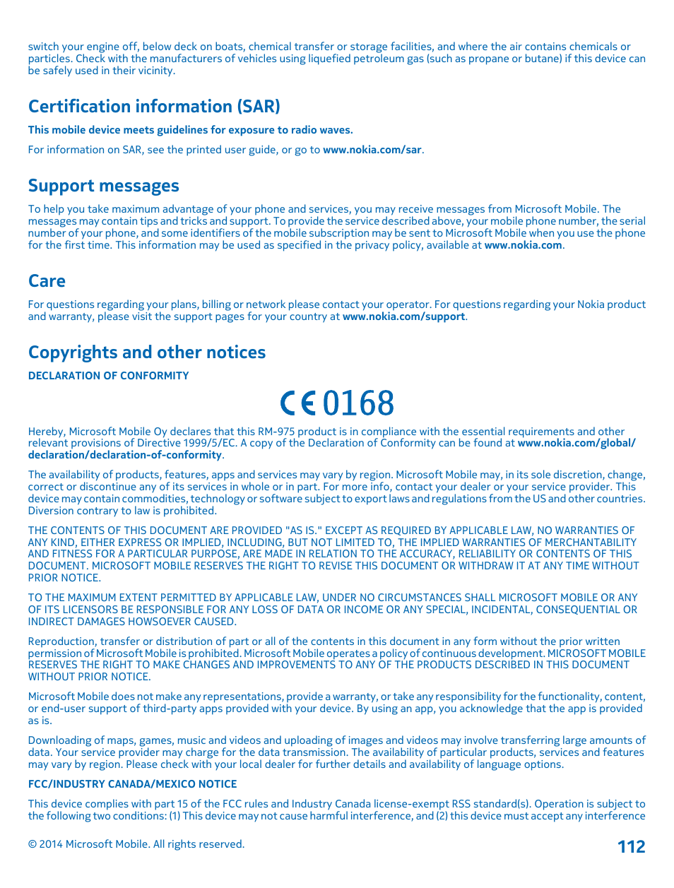 Certification information (sar), Support messages, Care | Copyrights and other notices | Nokia Lumia 635 User Manual | Page 112 / 113