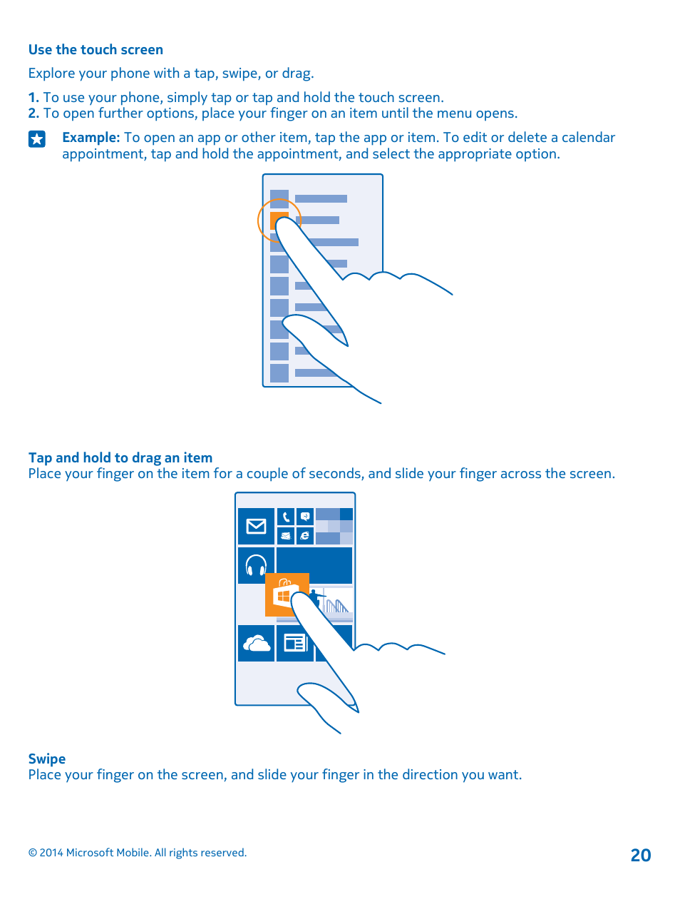 Use the touch screen | Nokia Lumia 635 User Manual | Page 20 / 113
