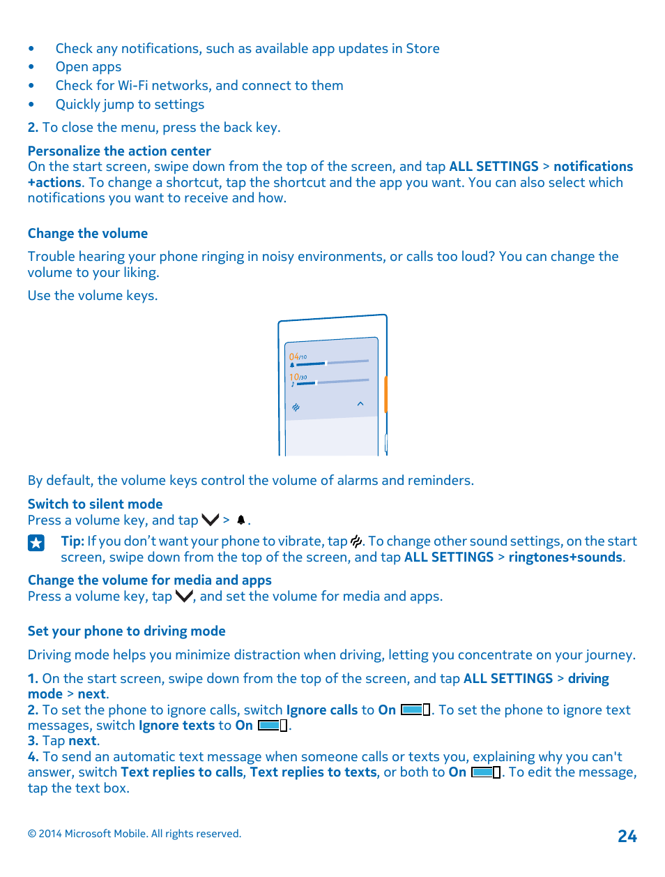 Change the volume, Set your phone to driving mode | Nokia Lumia 635 User Manual | Page 24 / 113
