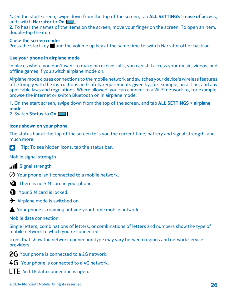 Use your phone in airplane mode, Icons shown on your phone | Nokia Lumia 635 User Manual | Page 26 / 113