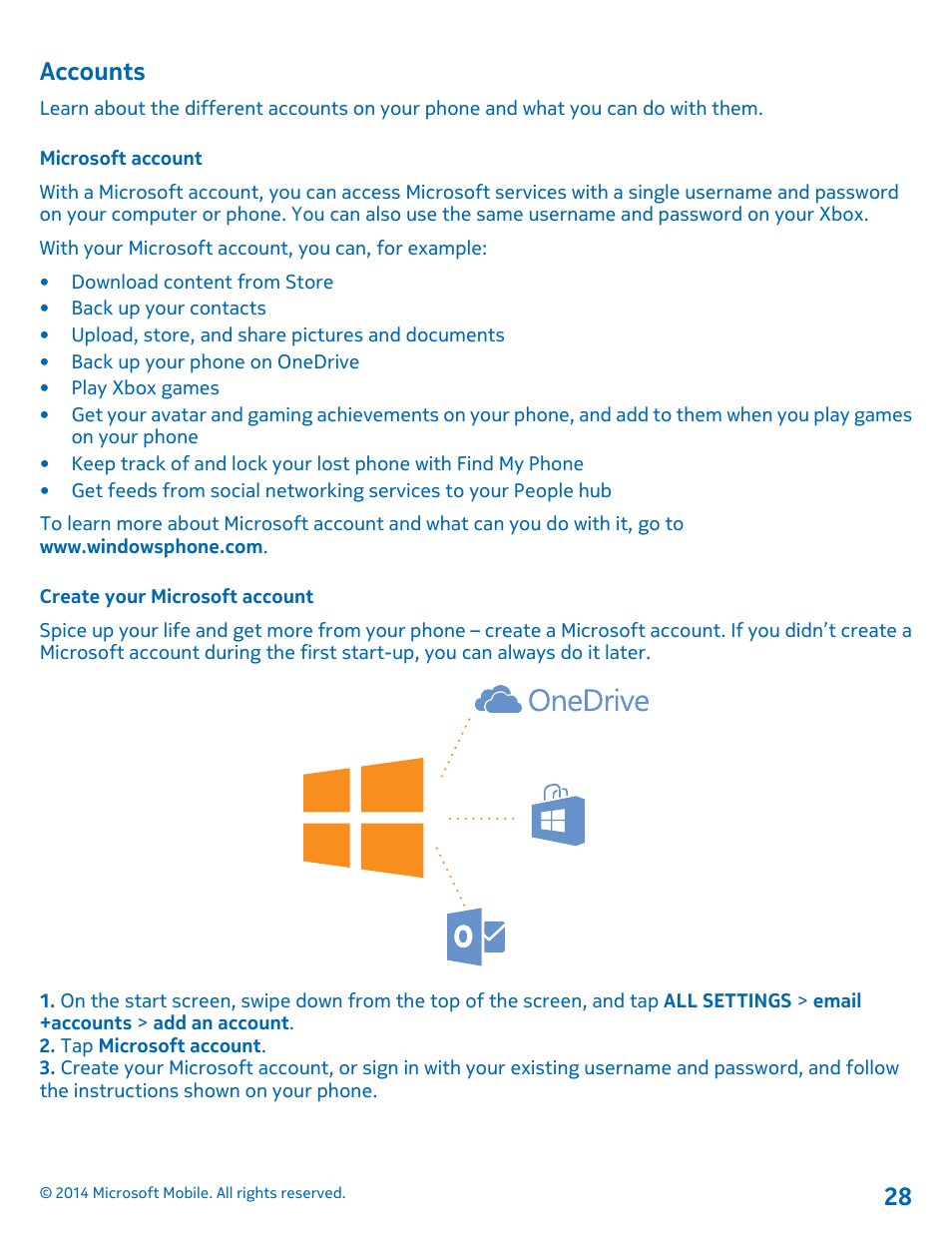 Accounts, Microsoft account, Create your microsoft account | Nokia Lumia 635 User Manual | Page 28 / 113