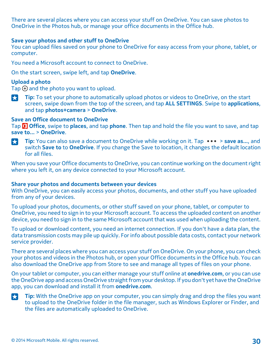 Save your photos and other stuff to onedrive | Nokia Lumia 635 User Manual | Page 30 / 113