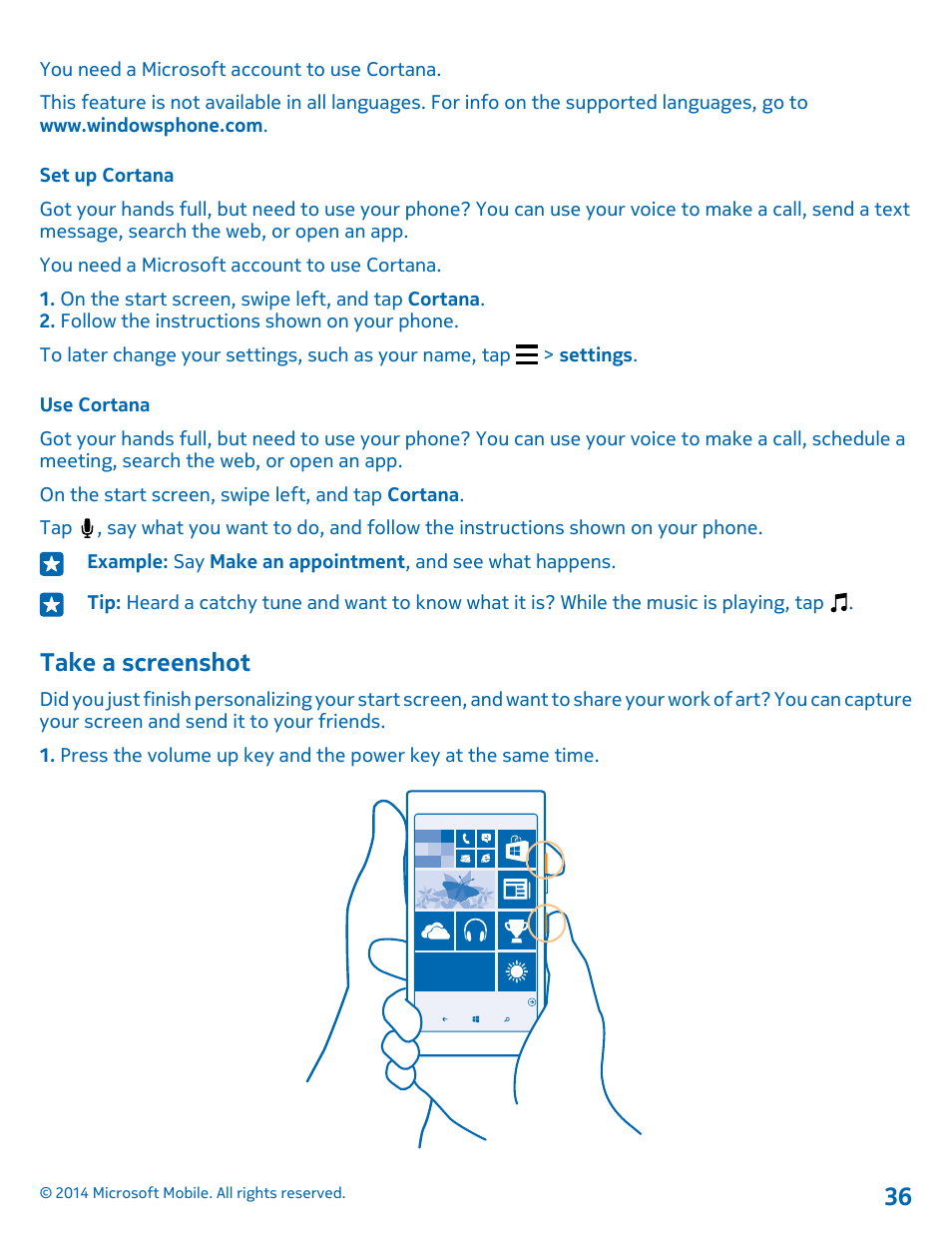 Set up cortana, Use cortana, Take a screenshot | Nokia Lumia 635 User Manual | Page 36 / 113
