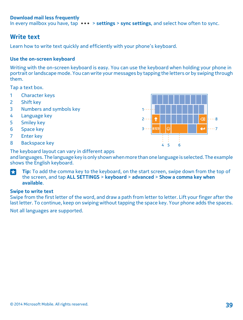 Write text, Use the on-screen keyboard | Nokia Lumia 635 User Manual | Page 39 / 113