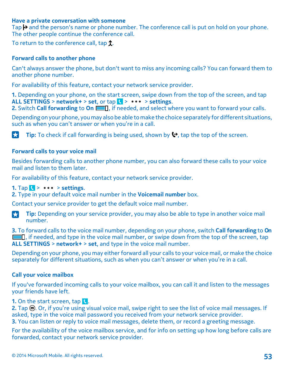 Forward calls to another phone, Forward calls to your voice mail, Call your voice mailbox | Nokia Lumia 635 User Manual | Page 53 / 113