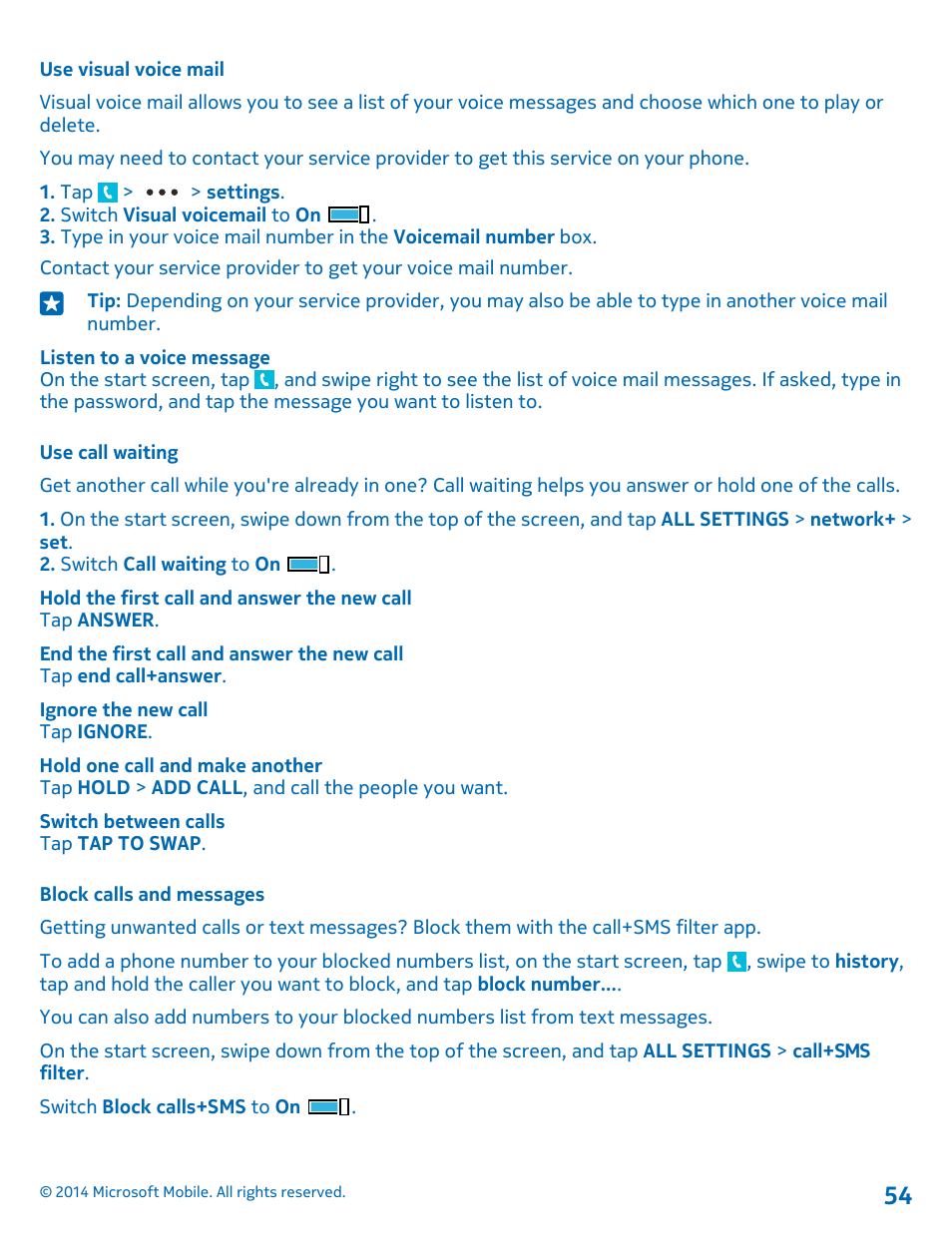 Use visual voice mail, Use call waiting, Block calls and messages | Nokia Lumia 635 User Manual | Page 54 / 113