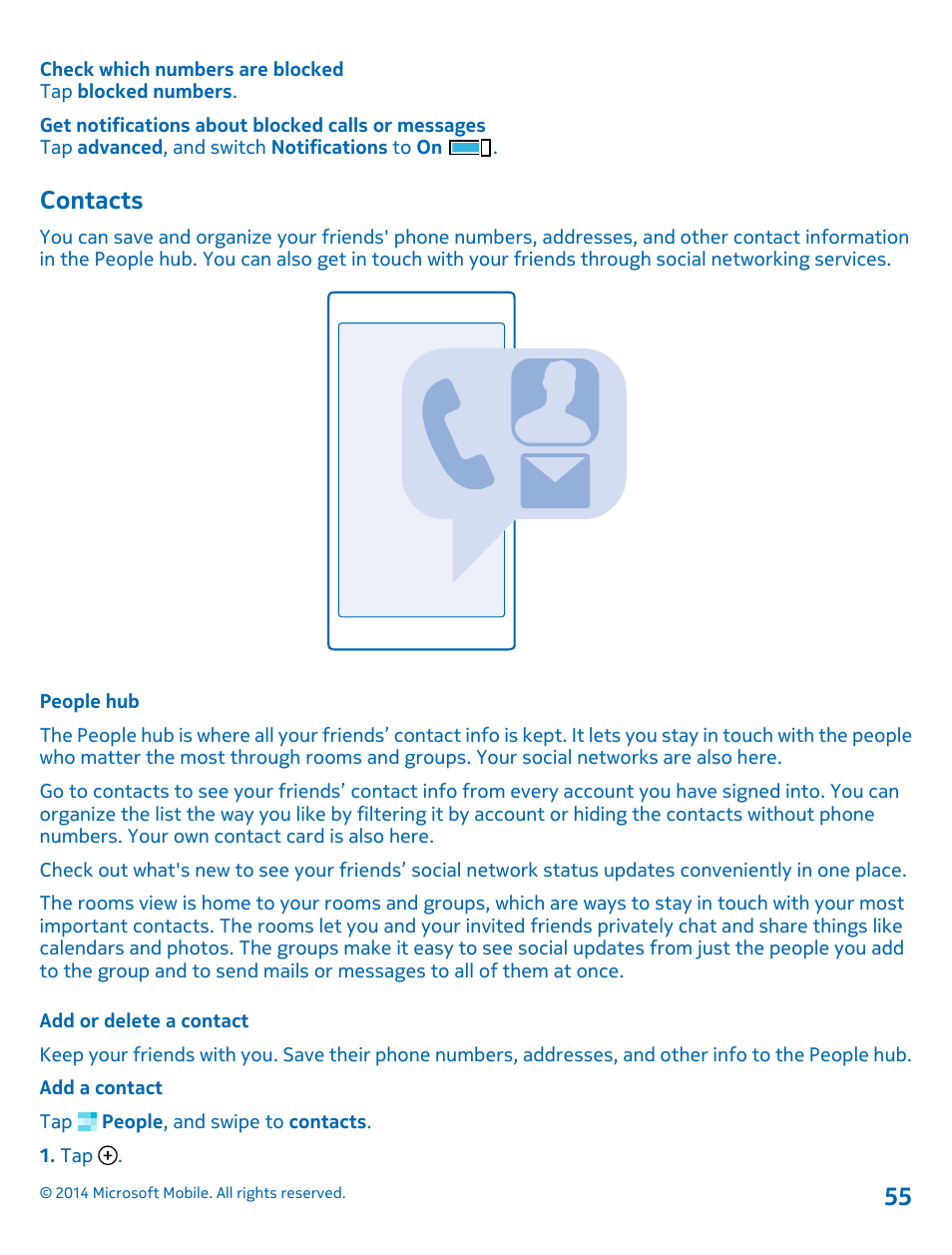 Contacts, People hub, Add or delete a contact | Nokia Lumia 635 User Manual | Page 55 / 113