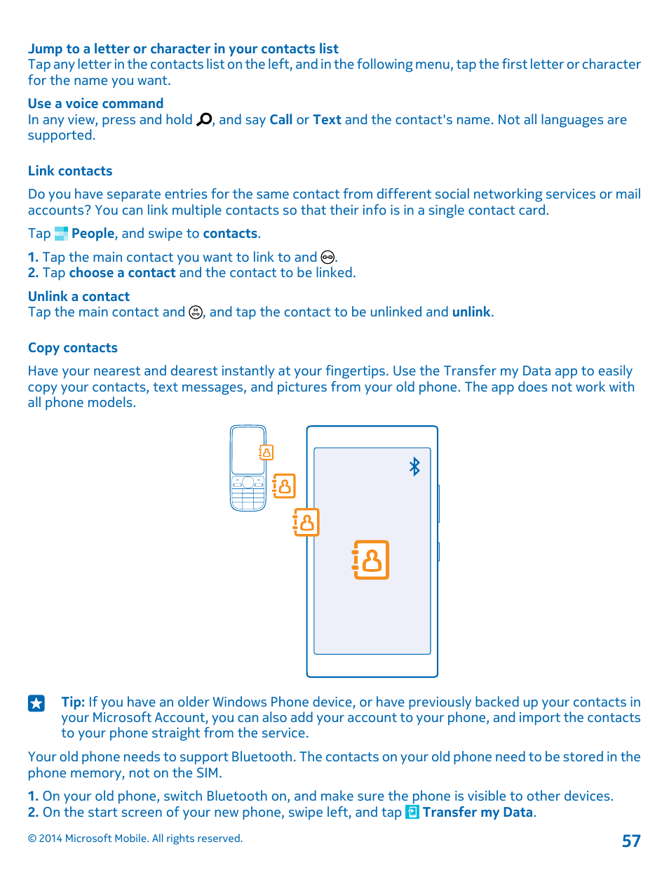Link contacts, Copy contacts | Nokia Lumia 635 User Manual | Page 57 / 113