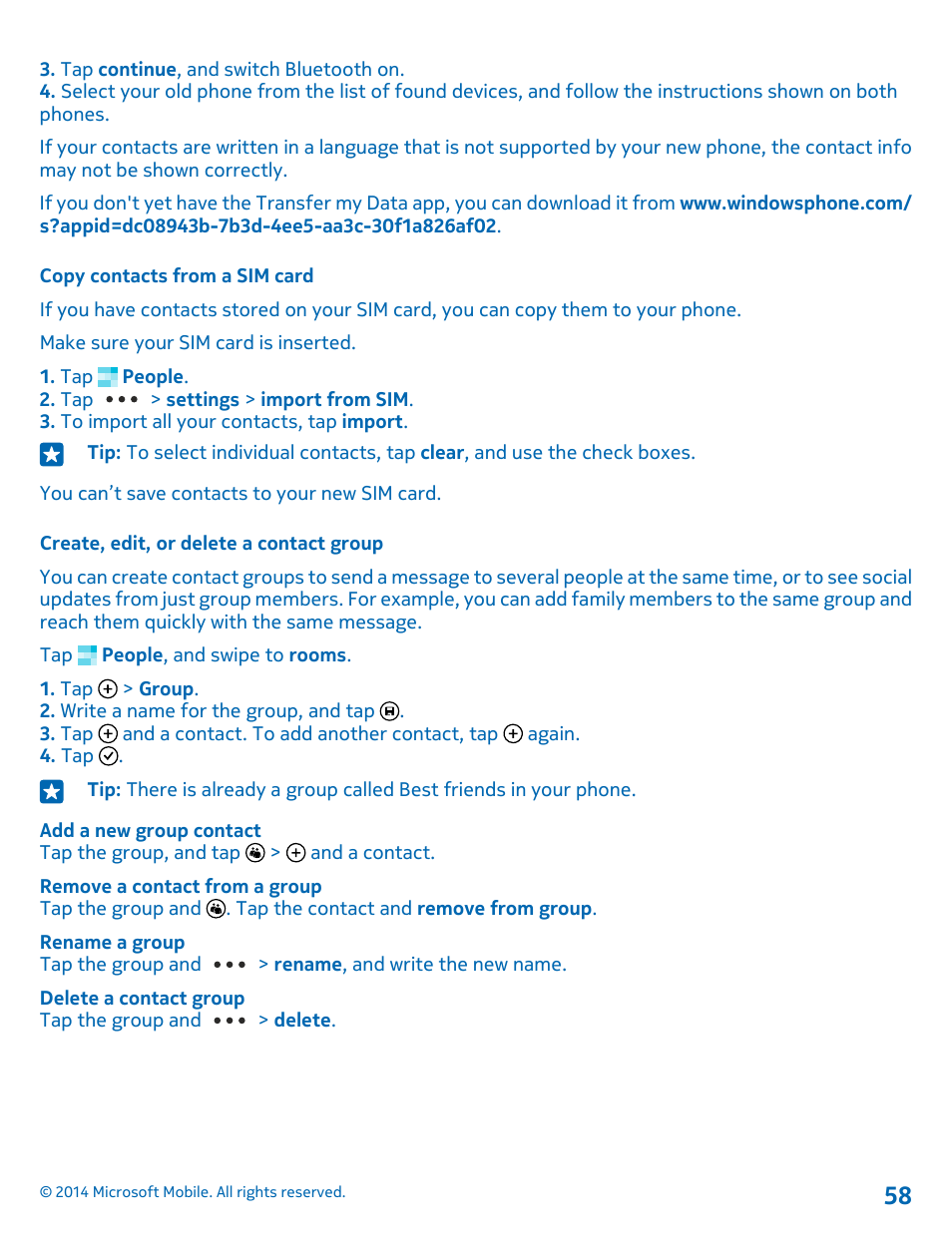 Copy contacts from a sim card, Create, edit, or delete a contact group | Nokia Lumia 635 User Manual | Page 58 / 113