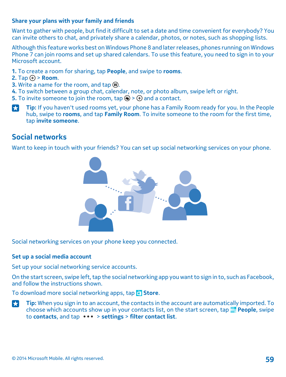 Share your plans with your family and friends, Social networks, Set up a social media account | Nokia Lumia 635 User Manual | Page 59 / 113