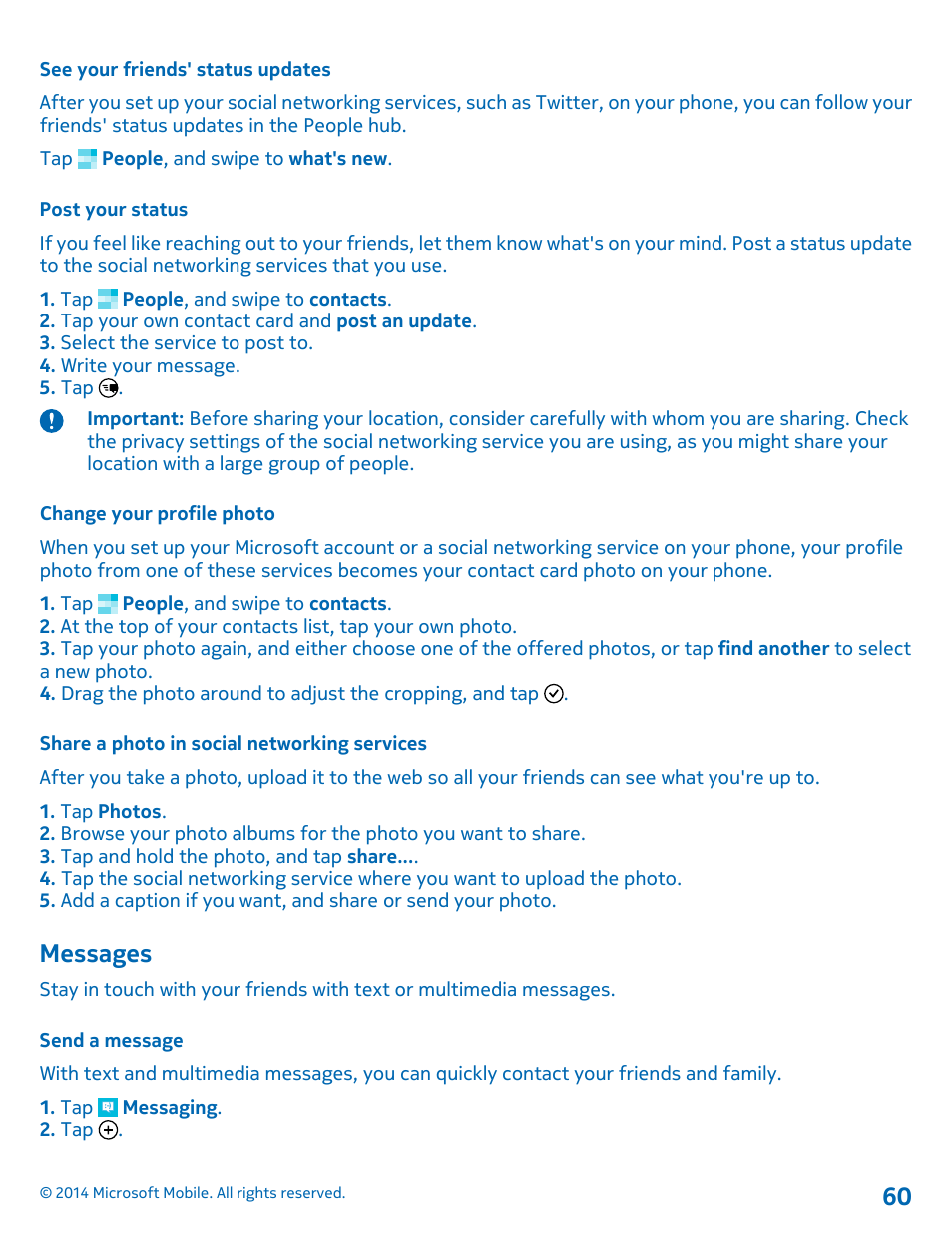 See your friends' status updates, Post your status, Change your profile photo | Share a photo in social networking services, Messages, Send a message | Nokia Lumia 635 User Manual | Page 60 / 113