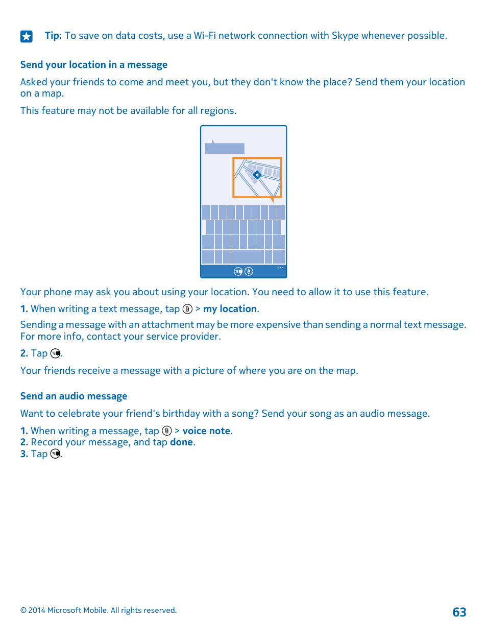 Send your location in a message, Send an audio message | Nokia Lumia 635 User Manual | Page 63 / 113