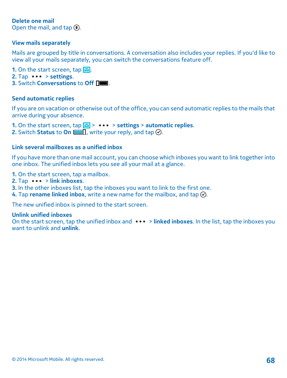 View mails separately, Send automatic replies, Link several mailboxes as a unified inbox | Nokia Lumia 635 User Manual | Page 68 / 113