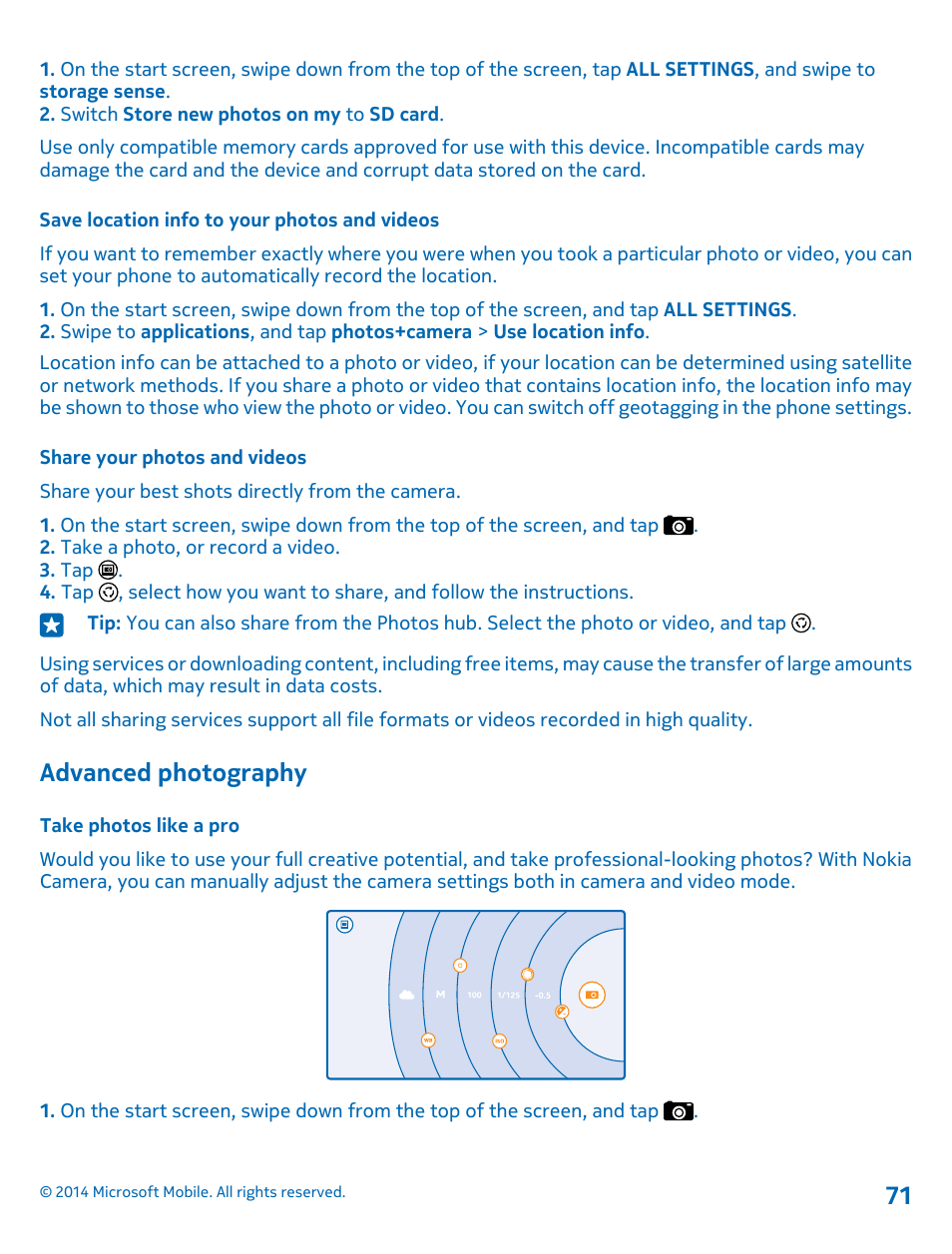 Save location info to your photos and videos, Share your photos and videos, Advanced photography | Take photos like a pro | Nokia Lumia 635 User Manual | Page 71 / 113
