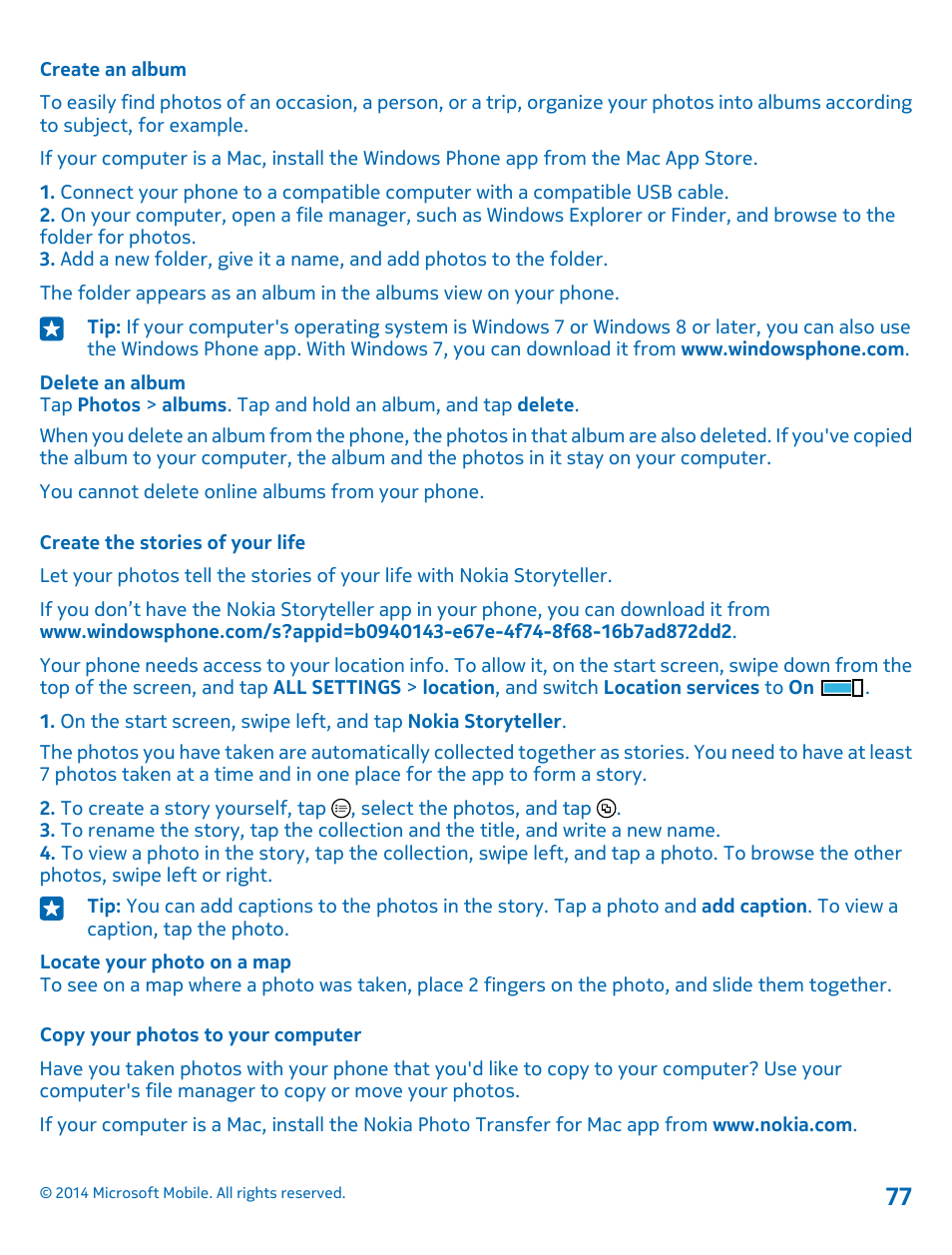 Create an album, Create the stories of your life, Copy your photos to your computer | Nokia Lumia 635 User Manual | Page 77 / 113