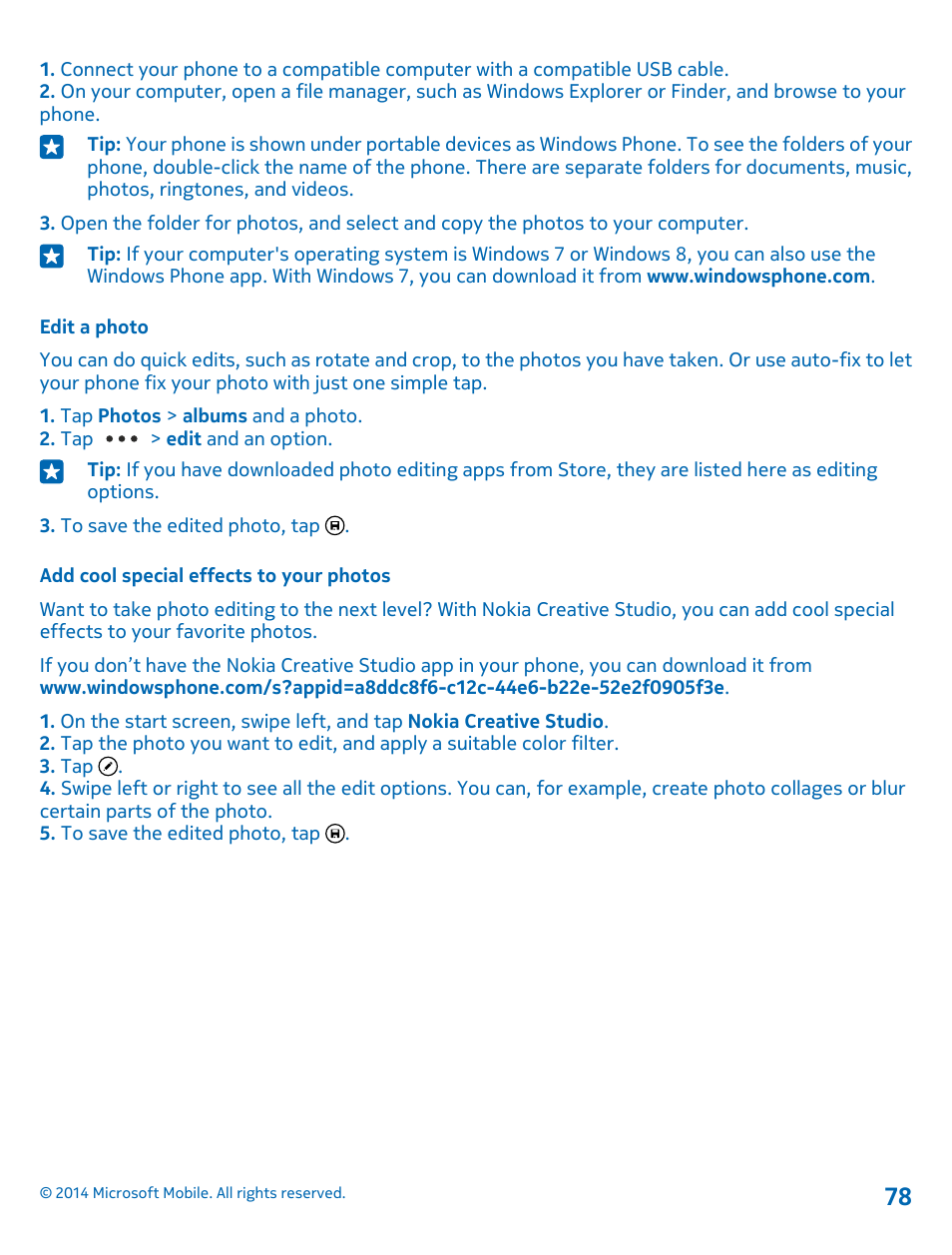 Edit a photo, Add cool special effects to your photos | Nokia Lumia 635 User Manual | Page 78 / 113