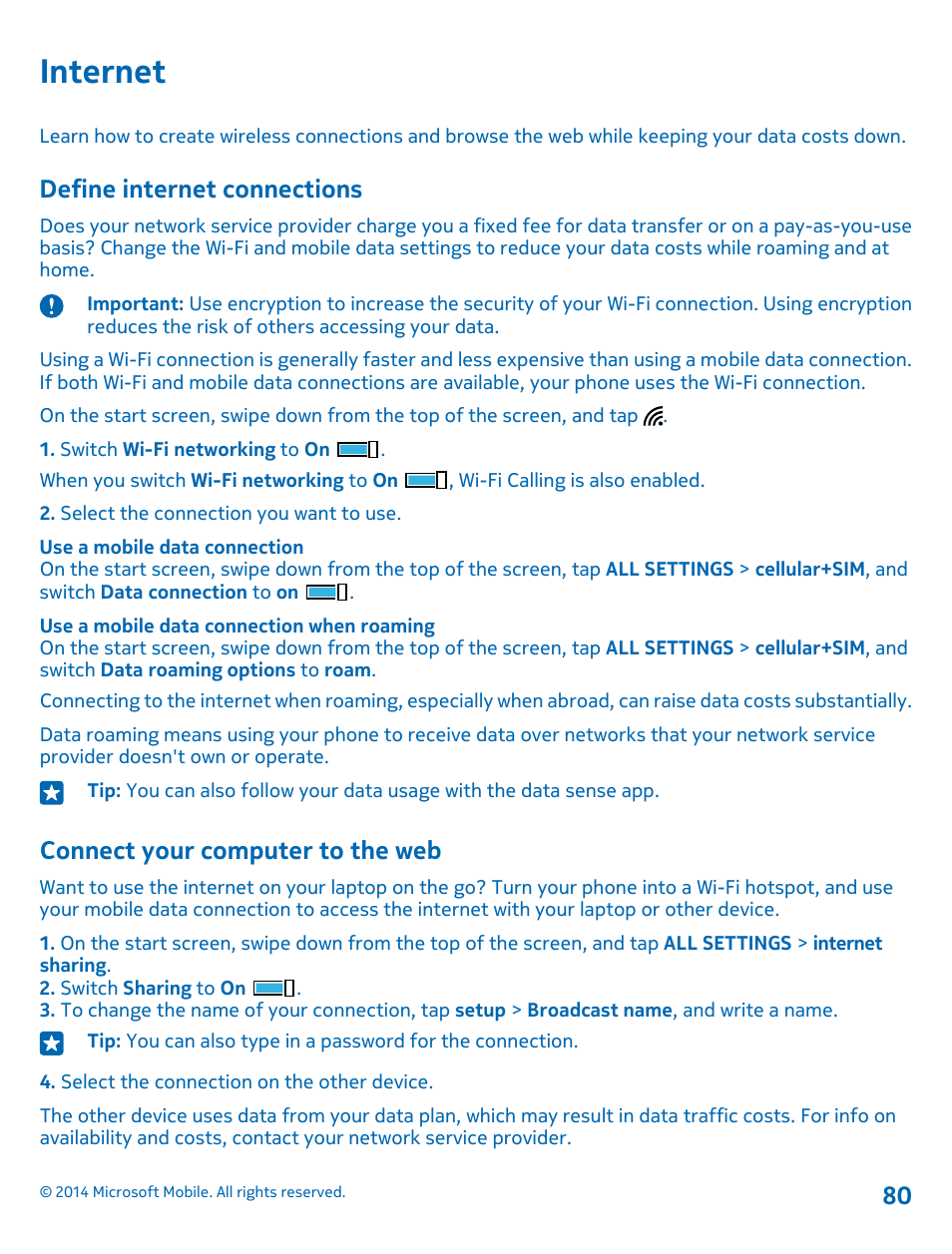 Internet, Define internet connections, Connect your computer to the web | Nokia Lumia 635 User Manual | Page 80 / 113