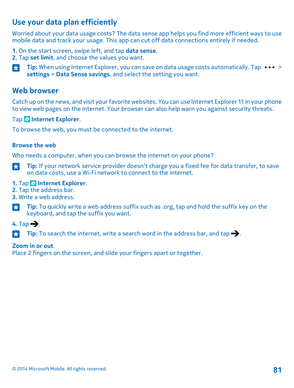 Use your data plan efficiently, Web browser, Browse the web | Nokia Lumia 635 User Manual | Page 81 / 113