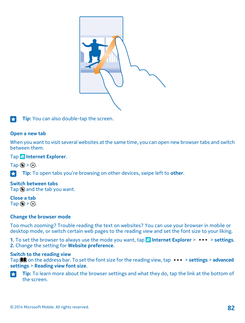 Open a new tab, Change the browser mode | Nokia Lumia 635 User Manual | Page 82 / 113