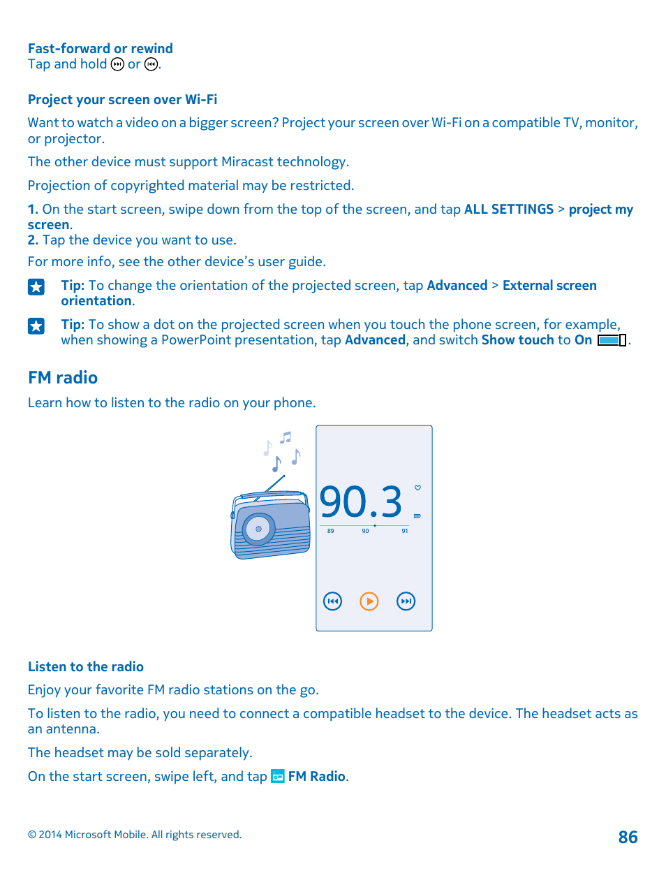 Project your screen over wi-fi, Fm radio, Listen to the radio | Nokia Lumia 635 User Manual | Page 86 / 113