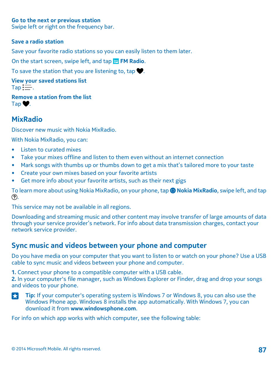 Save a radio station, Mixradio, Sync music and videos between your | Phone and computer | Nokia Lumia 635 User Manual | Page 87 / 113