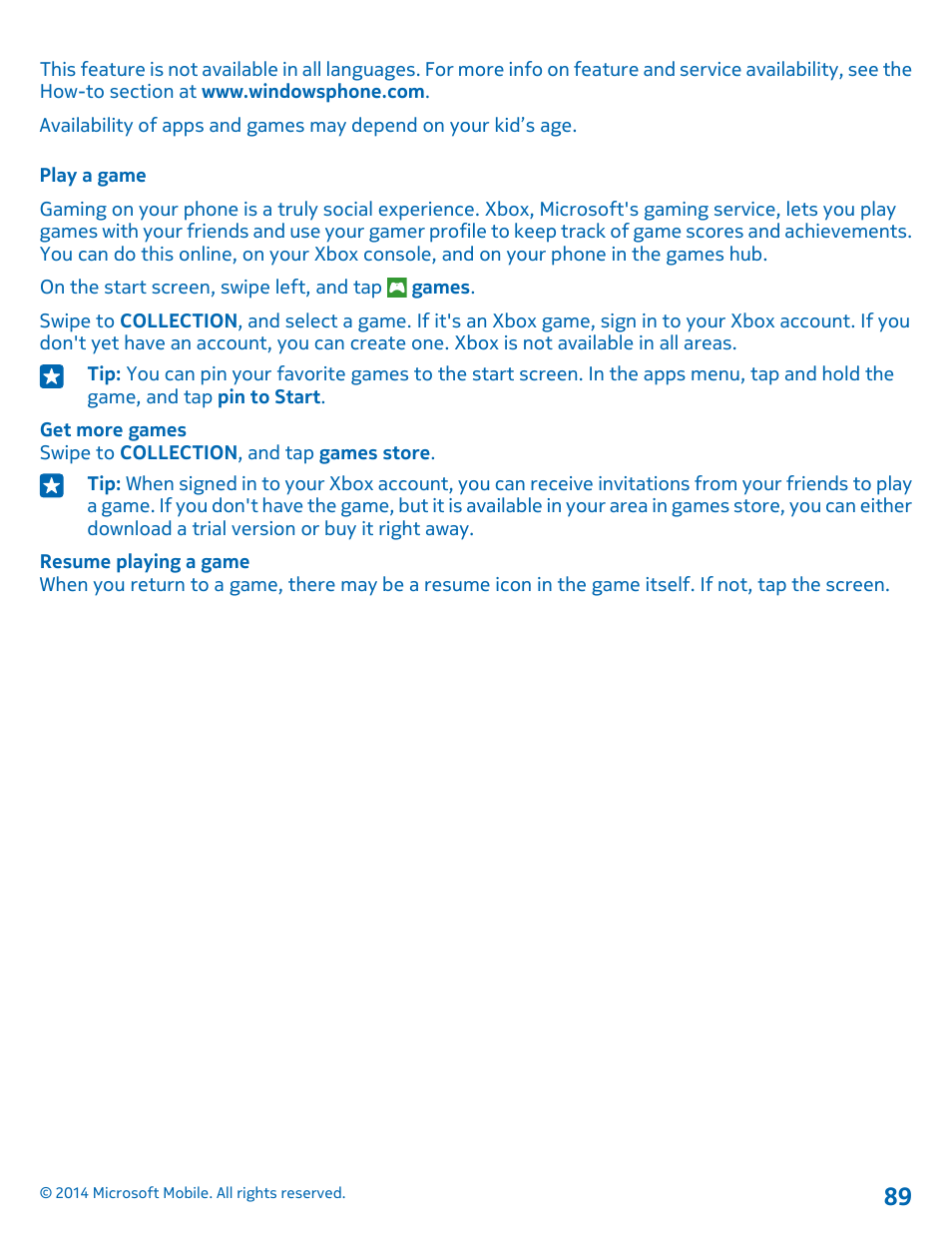 Play a game | Nokia Lumia 635 User Manual | Page 89 / 113