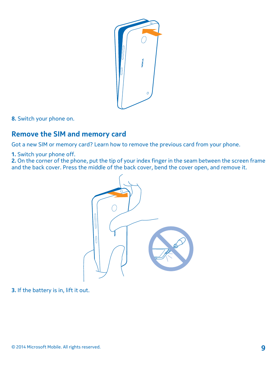 Remove the sim and memory card | Nokia Lumia 635 User Manual | Page 9 / 113