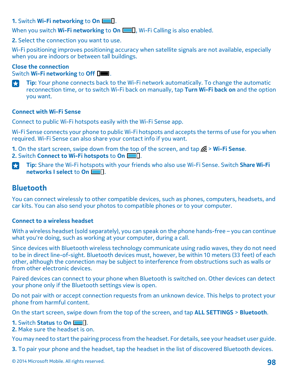 Connect with wi-fi sense, Bluetooth, Connect to a wireless headset | Nokia Lumia 635 User Manual | Page 98 / 113