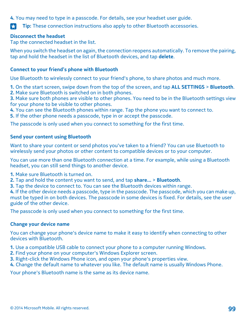 Connect to your friend’s phone with bluetooth, Send your content using bluetooth, Change your device name | Nokia Lumia 635 User Manual | Page 99 / 113