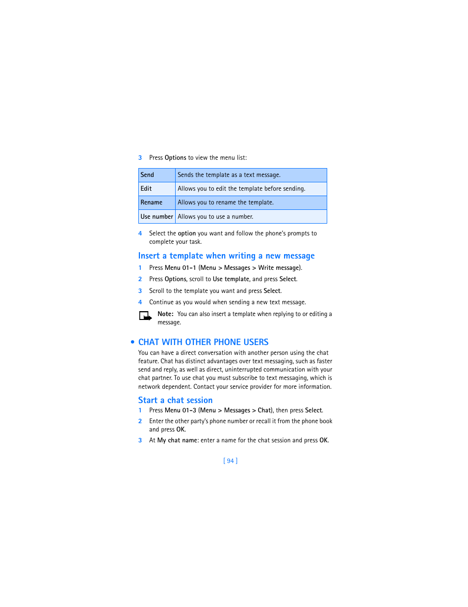 3 press options to view the menu list, Insert a template when writing a new message, 3 scroll to the template you want and press select | Chat with other phone users, Start a chat session | Nokia 3360 User Manual | Page 103 / 178