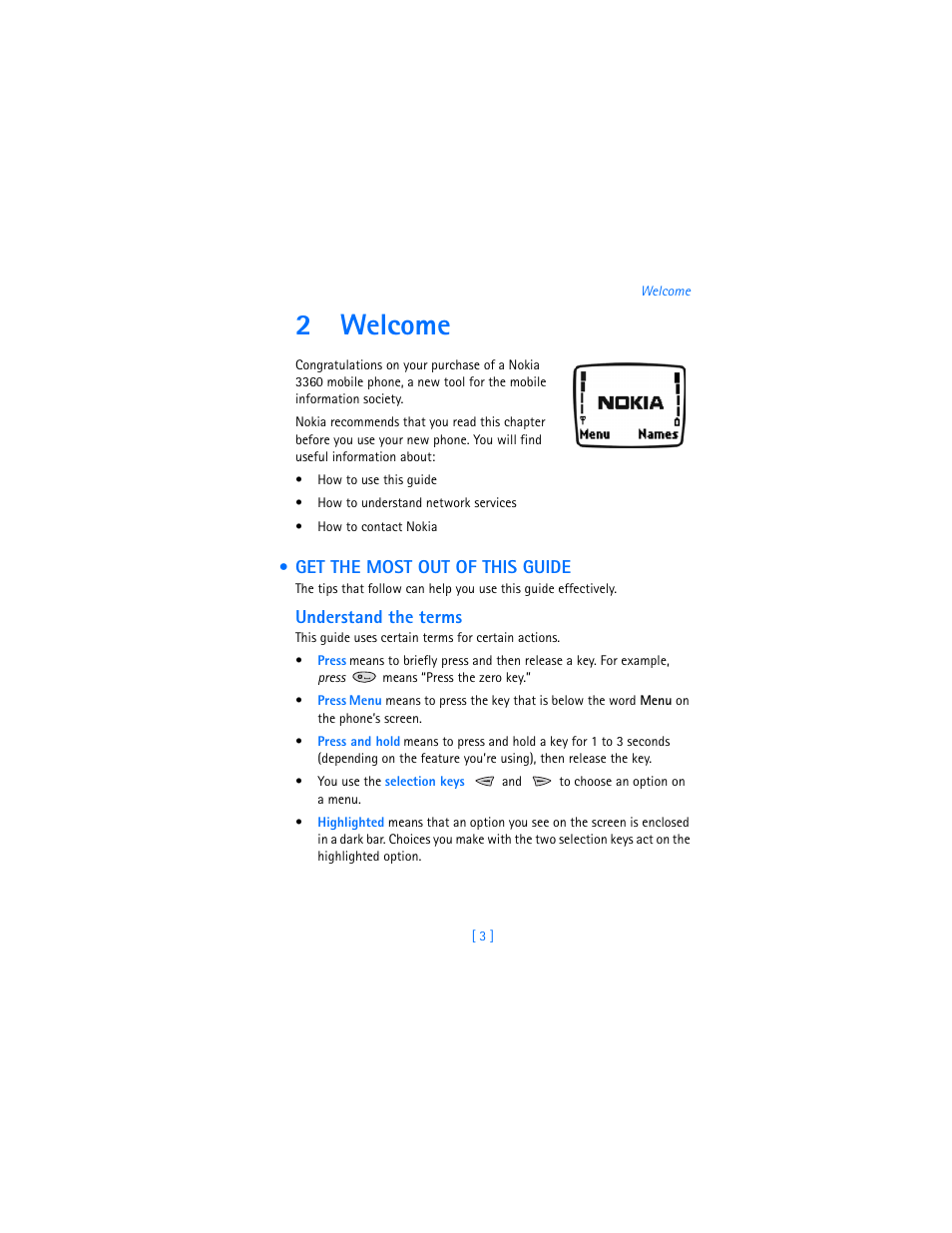 2 welcome, Get the most out of this guide, Understand the terms | Welcome, 2welcome | Nokia 3360 User Manual | Page 12 / 178