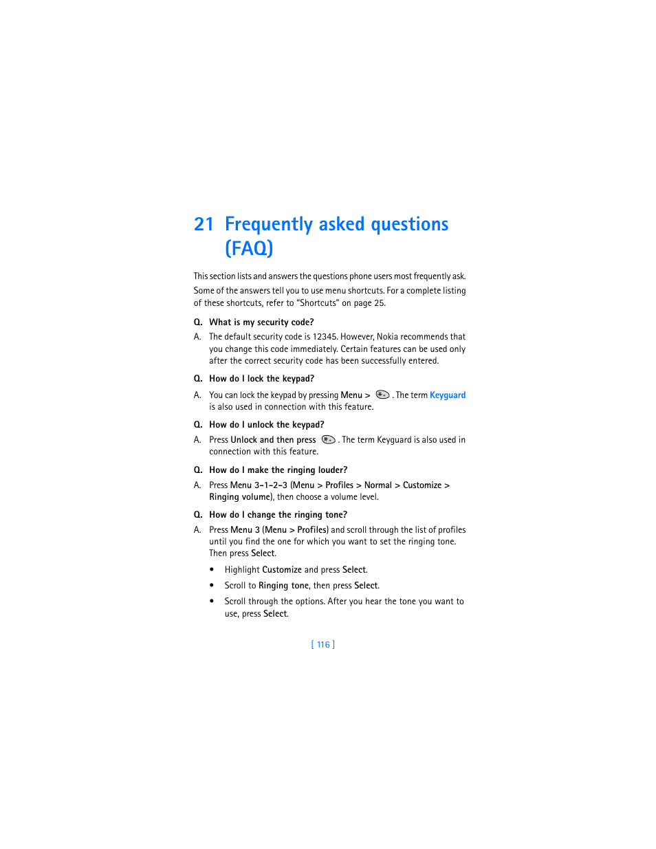 21 frequently asked questions (faq) | Nokia 3360 User Manual | Page 125 / 178