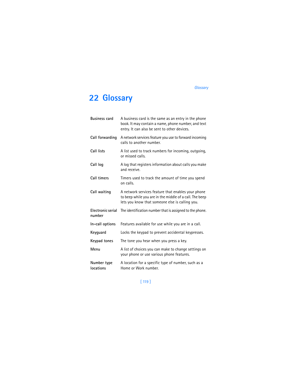 22 glossary | Nokia 3360 User Manual | Page 128 / 178