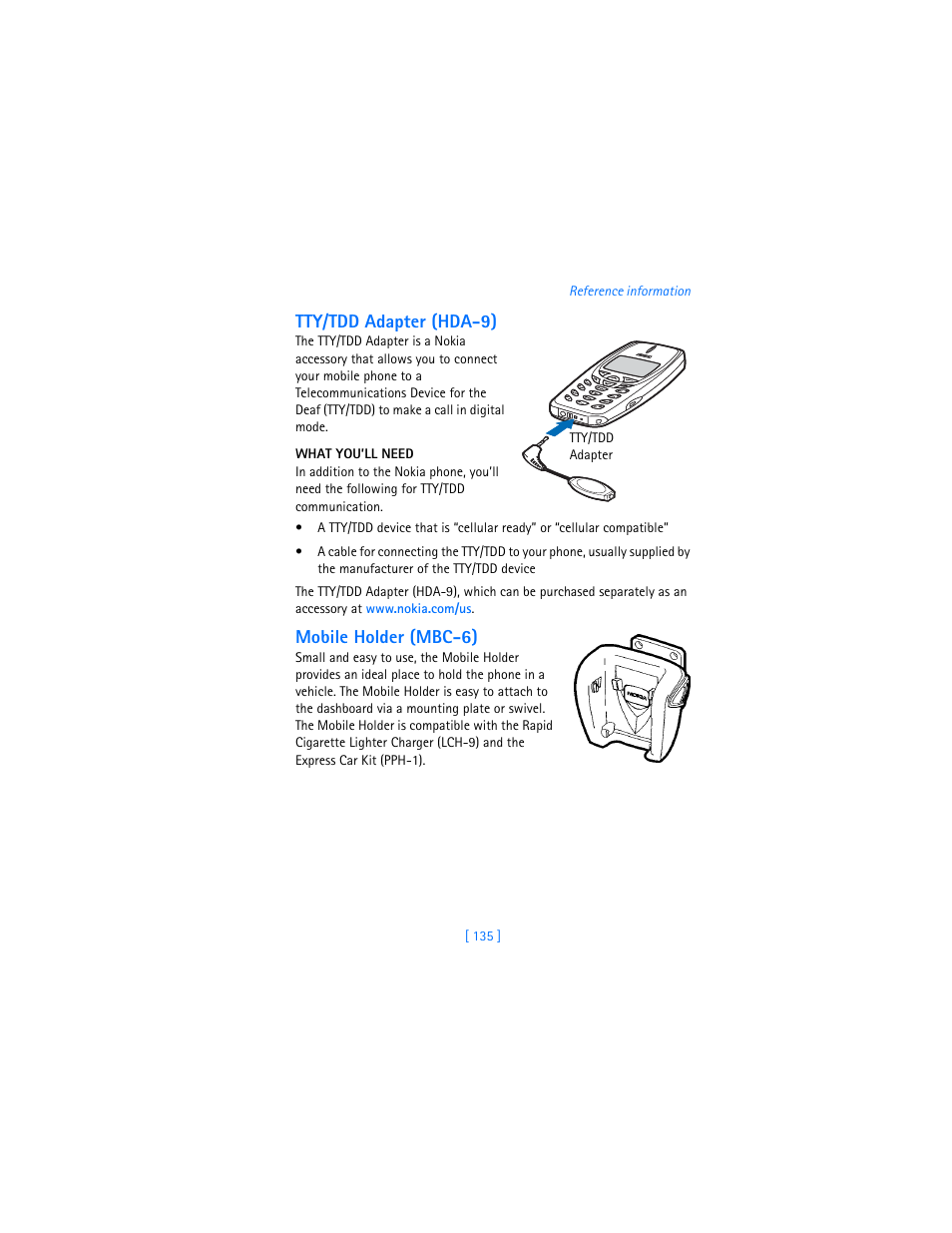 Tty/tdd adapter (hda-9), What you’ll need, Mobile holder (mbc-6) | Nokia 3360 User Manual | Page 144 / 178