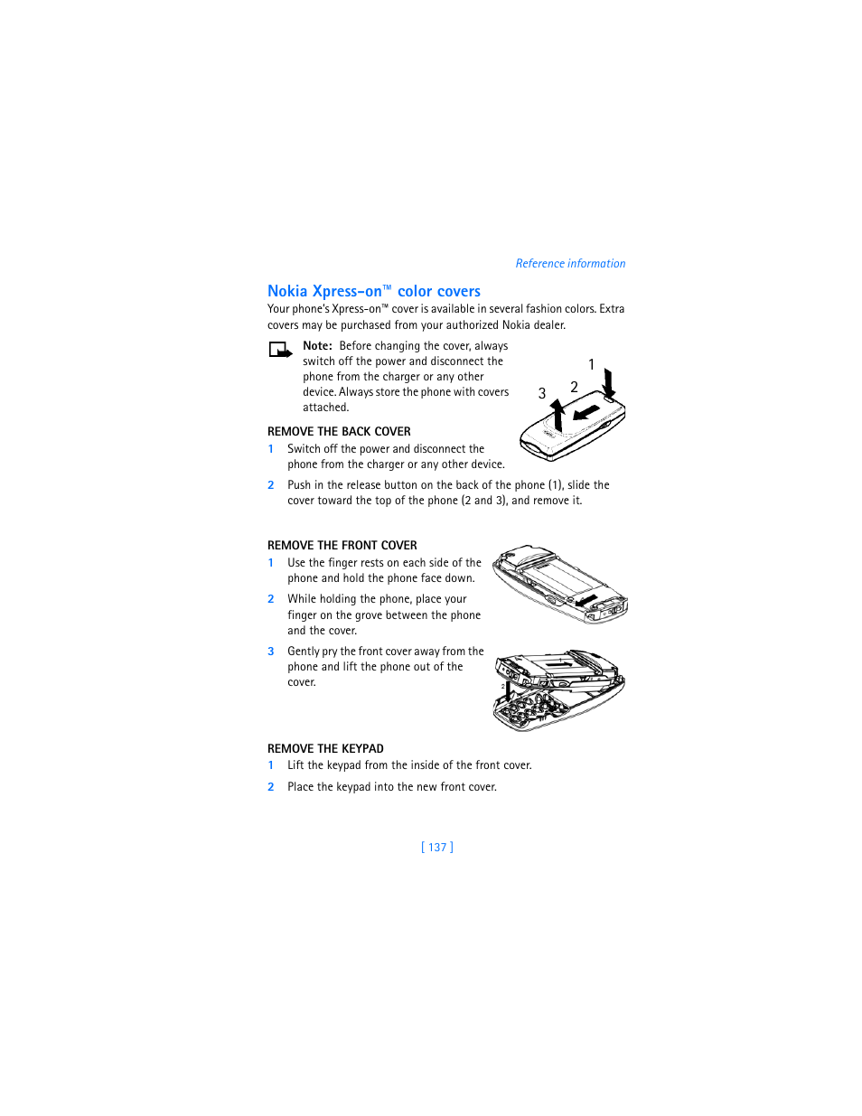 Nokia xpress-on™ color covers, Remove the back cover, Remove the front cover | Remove the keypad, 2 place the keypad into the new front cover | Nokia 3360 User Manual | Page 146 / 178