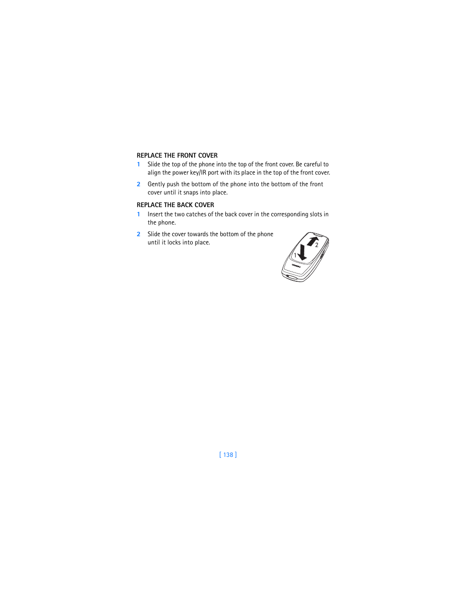 Replace the front cover, Replace the back cover | Nokia 3360 User Manual | Page 147 / 178