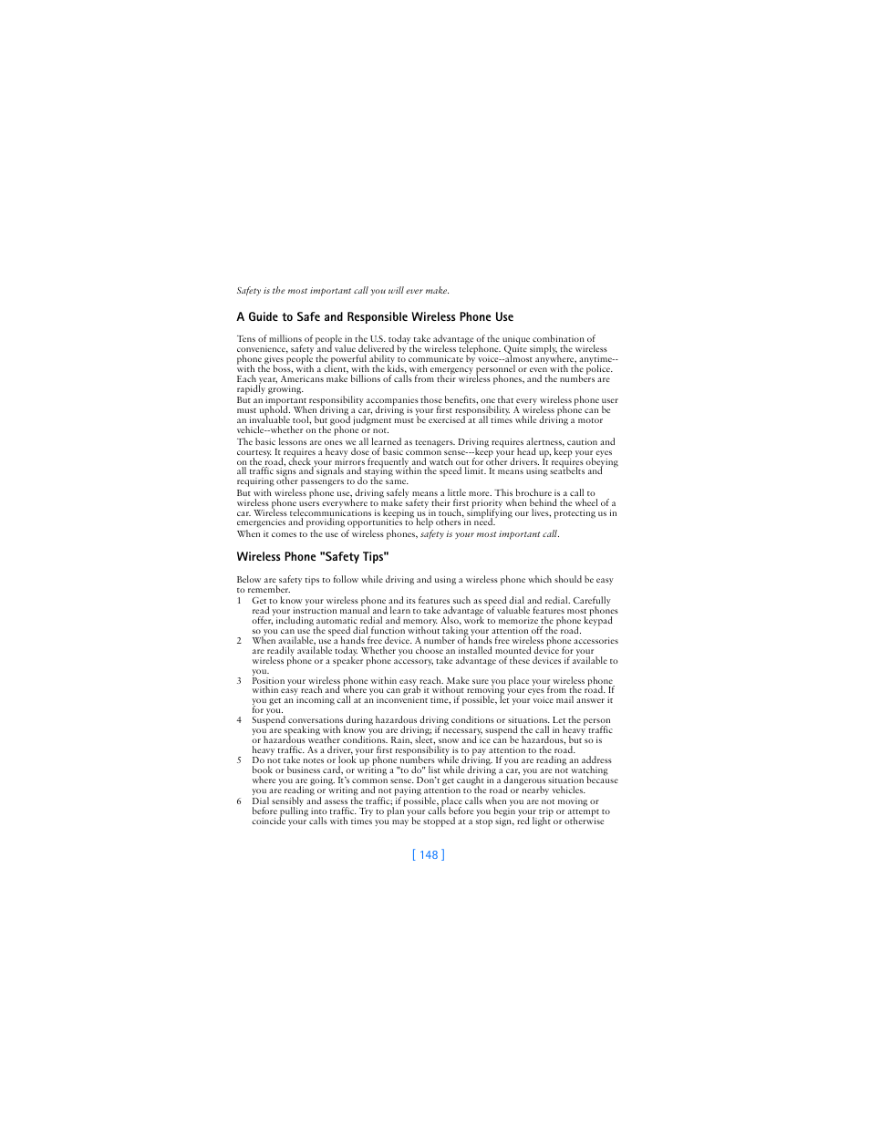 A guide to safe and responsible wireless phone use, Wireless phone "safety tips | Nokia 3360 User Manual | Page 157 / 178