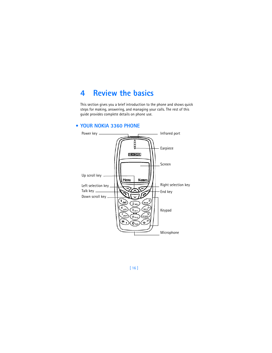 4 review the basics, Your nokia 3360 phone, Review the basics | 4review the basics | Nokia 3360 User Manual | Page 25 / 178